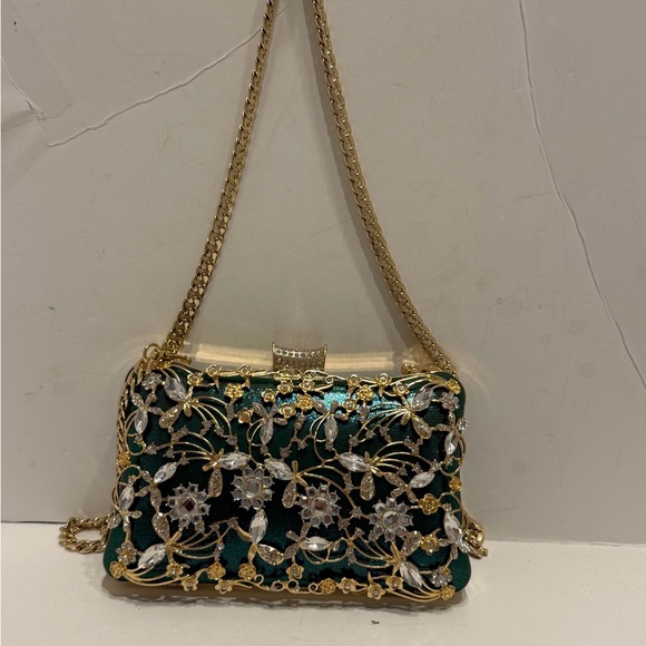 Handbags - Elegant Floral Embroidered Green and Gold Women's Bag